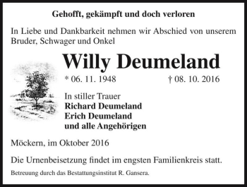 Traueranzeige von Willy Deumeland  von Magdeburger Volksstimme