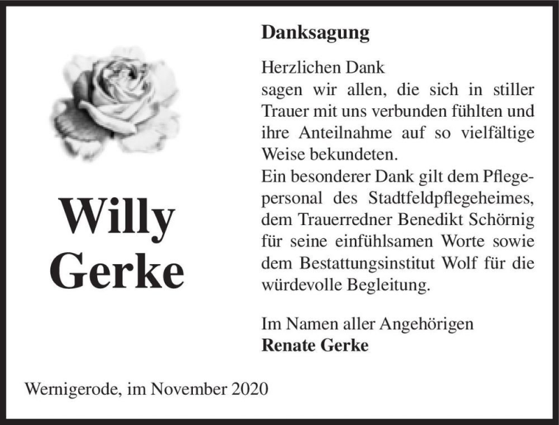  Traueranzeige für Willy Gerke  vom 21.11.2020 aus Magdeburger Volksstimme