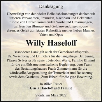 Traueranzeige von Willy Haseloff  von Magdeburger Volksstimme