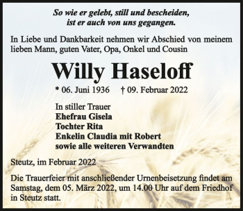 Traueranzeige von Willy Haseloff  von Magdeburger Volksstimme