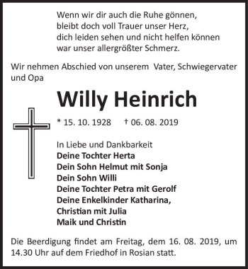 Traueranzeige von Willy Heinrich  von Magdeburger Volksstimme