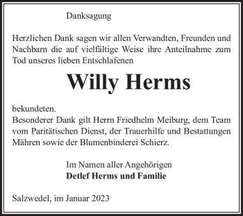 Traueranzeige von Willy Herms  von Magdeburger Volksstimme