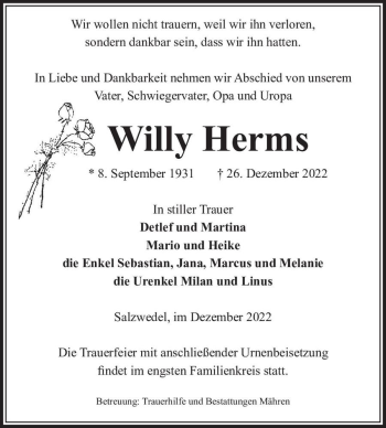 Traueranzeige von Willy Herms  von Magdeburger Volksstimme