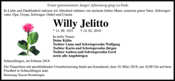 Traueranzeige von Willy Jelitto  von Magdeburger Volksstimme