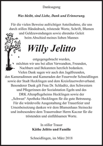 Traueranzeige von Willy Jelitto  von Magdeburger Volksstimme