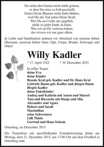 Traueranzeige von Willy Kadler  von Magdeburger Volksstimme