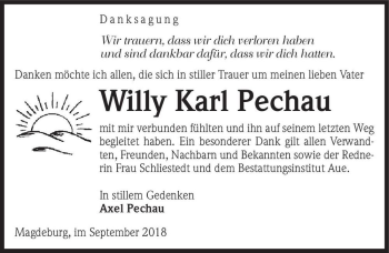Traueranzeige von Willy Karl Pechau  von Magdeburger Volksstimme