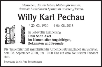 Traueranzeige von Willy Karl Pechau  von Magdeburger Volksstimme