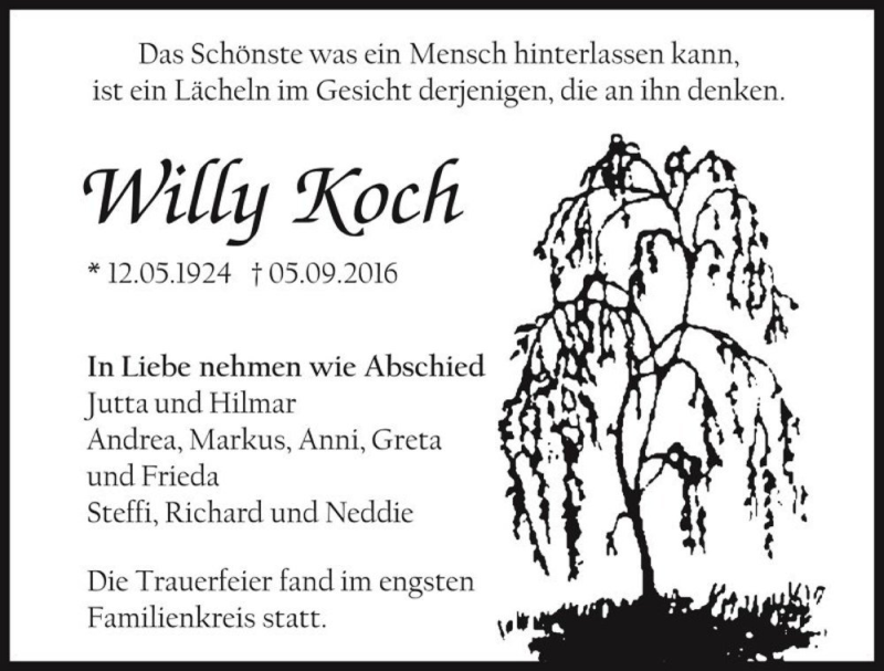  Traueranzeige für Willy Koch  vom 01.10.2016 aus Magdeburger Volksstimme