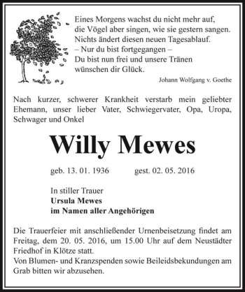 Traueranzeige von Willy Mewes  von Magdeburger Volksstimme