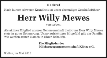 Traueranzeige von Willy Mewes  von Magdeburger Volksstimme