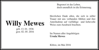 Traueranzeige von Willy Mewes  von Magdeburger Volksstimme