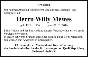 Traueranzeige von Willy Mewes  von Magdeburger Volksstimme