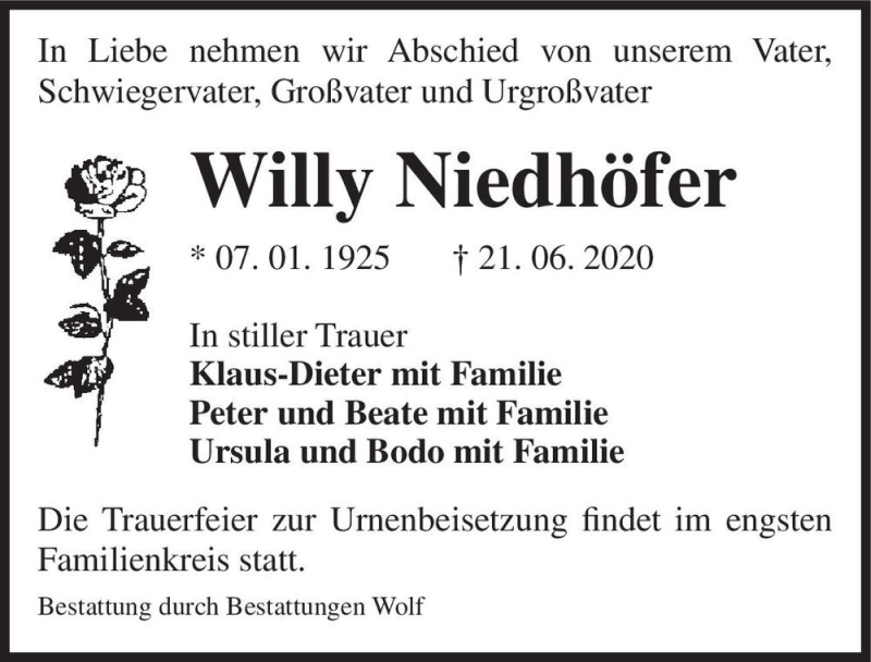  Traueranzeige für Willy Niedhöfer  vom 04.07.2020 aus Magdeburger Volksstimme