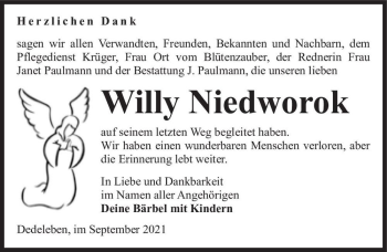 Traueranzeige von Willy Niedworok  von Magdeburger Volksstimme