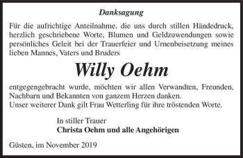 Traueranzeige von Willy Oehm  von Magdeburger Volksstimme