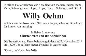 Traueranzeige von Willy Oehm  von Magdeburger Volksstimme