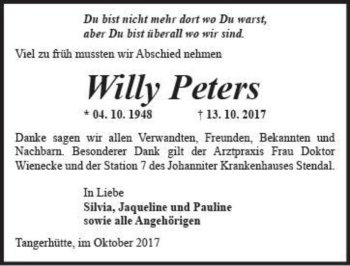 Traueranzeige von Willy Peters  von Magdeburger Volksstimme