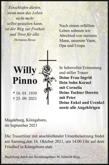 Traueranzeige von Willy Pinno  von Magdeburger Volksstimme