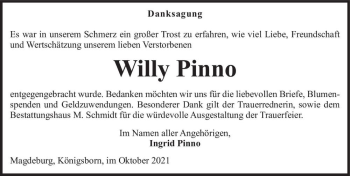 Traueranzeige von Willy Pinno  von Magdeburger Volksstimme