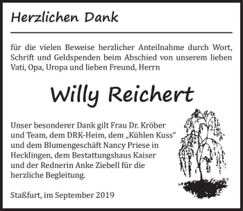 Traueranzeige von Willy Reichert  von Magdeburger Volksstimme