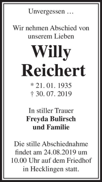 Traueranzeige von Willy Reichert  von Magdeburger Volksstimme