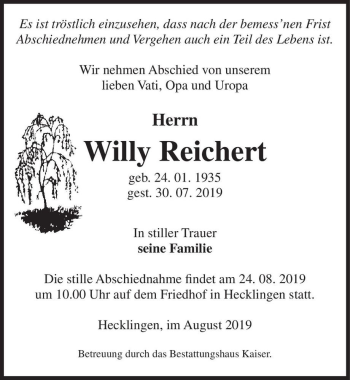 Traueranzeige von Willy Reichert  von Magdeburger Volksstimme