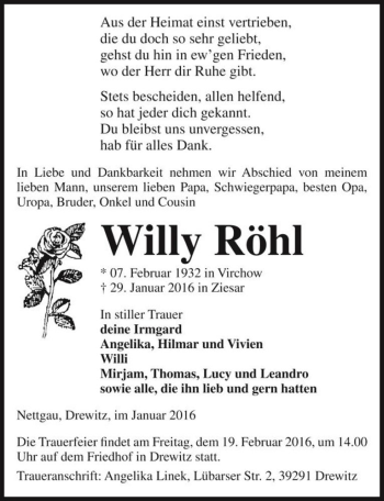 Traueranzeige von Willy Röhl  von Magdeburger Volksstimme