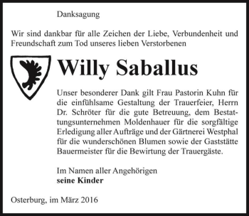 Traueranzeige von Willy Saballus  von Magdeburger Volksstimme