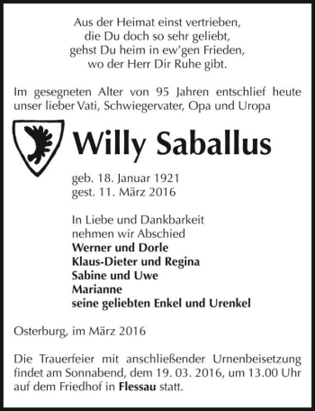 Traueranzeige von Willy Saballus  von Magdeburger Volksstimme