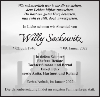 Traueranzeige von Willy Sackewitz  von Magdeburger Volksstimme