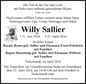 Traueranzeige von Willy Sallier  von Magdeburger Volksstimme