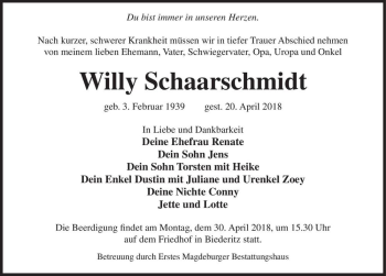 Traueranzeige von Willy Schaarschmidt  von Magdeburger Volksstimme