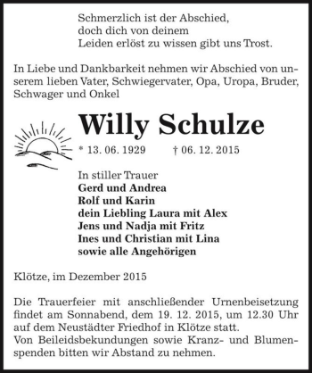 Traueranzeige von Willy Schulze  von Magdeburger Volksstimme