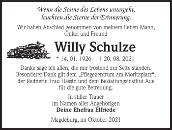 Traueranzeige von Willy Schulze  von Magdeburger Volksstimme