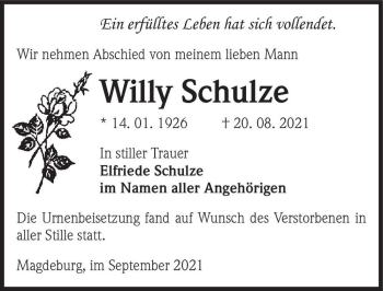 Traueranzeige von Willy Schulze  von Magdeburger Volksstimme