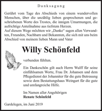 Traueranzeige von Willy Schönfeld  von Magdeburger Volksstimme