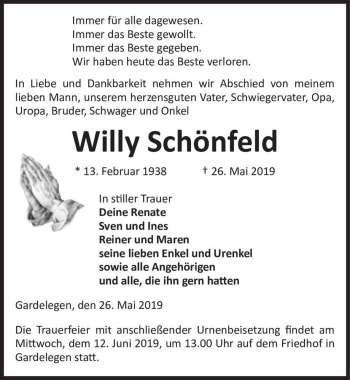 Traueranzeige von Willy Schönfeld  von Magdeburger Volksstimme