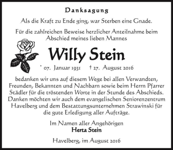 Traueranzeige von Willy Stein  von Magdeburger Volksstimme