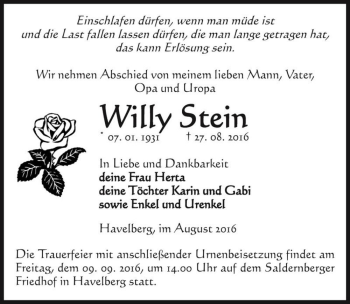 Traueranzeige von Willy Stein  von Magdeburger Volksstimme
