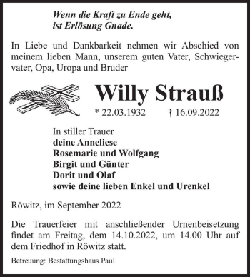 Traueranzeige von Willy Strauß  von Magdeburger Volksstimme