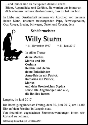 Traueranzeige von Willy Sturm  von Magdeburger Volksstimme