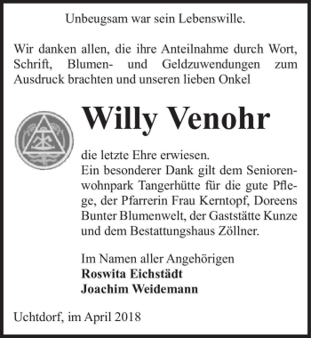Traueranzeige von Willy Venohr  von Magdeburger Volksstimme