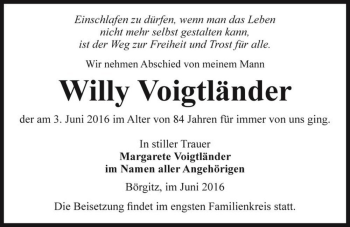 Traueranzeige von Willy Voigtländer  von Magdeburger Volksstimme