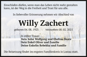 Traueranzeige von Willy Zachert  von Magdeburger Volksstimme