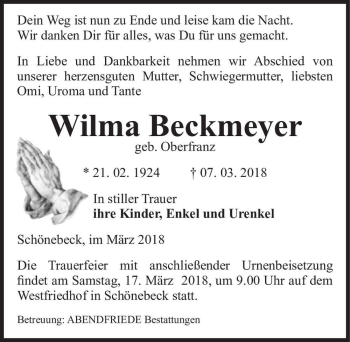 Traueranzeige von Wilma Beckmeyer (geb. Oberfranz)  von Magdeburger Volksstimme