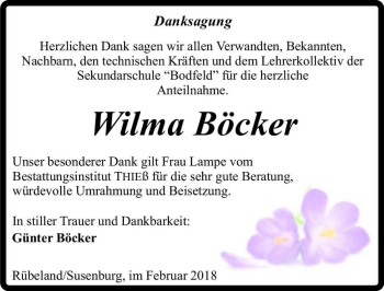 Traueranzeige von Wilma Böcker  von Magdeburger Volksstimme
