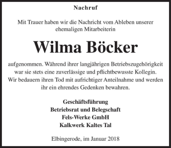 Traueranzeige von Wilma Böcker  von Magdeburger Volksstimme