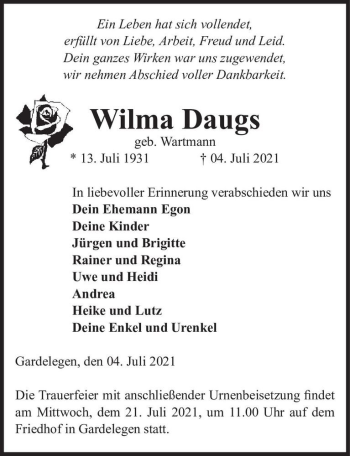 Traueranzeige von Wilma Daugs (geb. Wartmann)  von Magdeburger Volksstimme