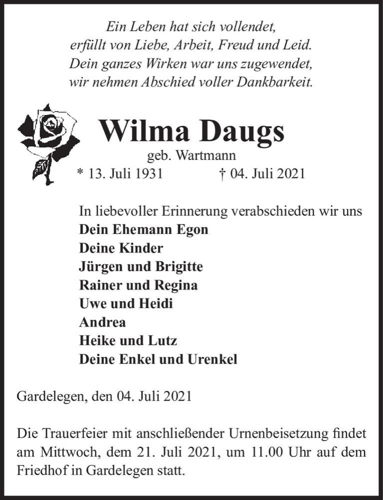  Traueranzeige für Wilma Daugs (geb. Wartmann)  vom 07.07.2021 aus Magdeburger Volksstimme